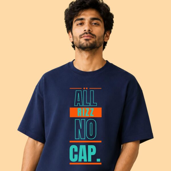 All Rizz No Cap shirt front view, bold retro Gen Z graphic tee in white