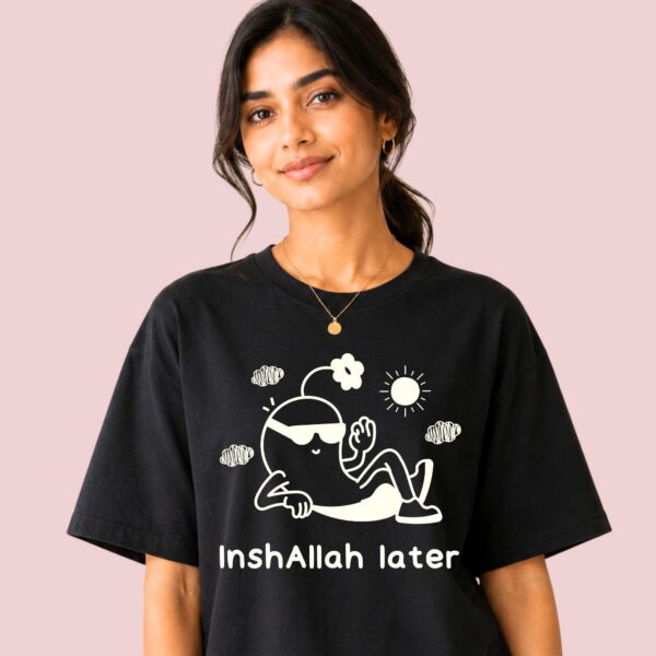 Inshallah Later funny desi graphic tee flat lay, unisex fit