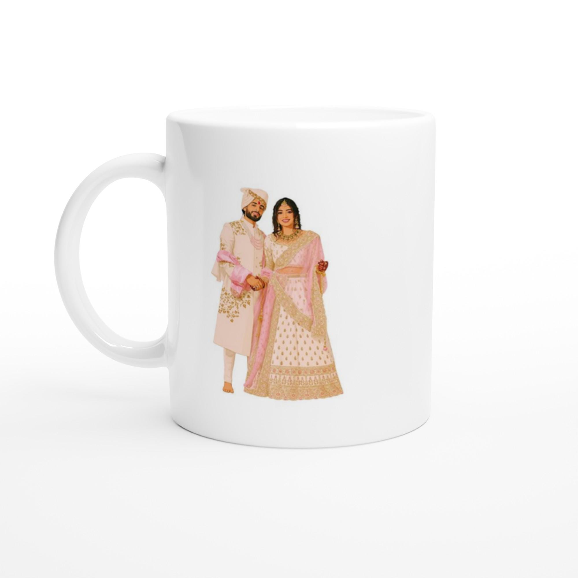 Custom couple illustration mug displayed as a gift for a Pakistani or Indian wedding
