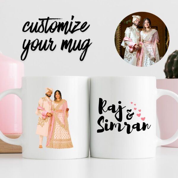 Custom couple illustration mug with faceless South Asian bride and groom portrait on white ceramic