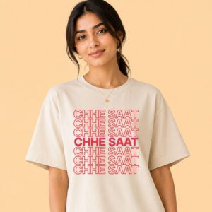 Close-up of bold block typography on 6 7 meme shirt, South Asian internet humor apparel