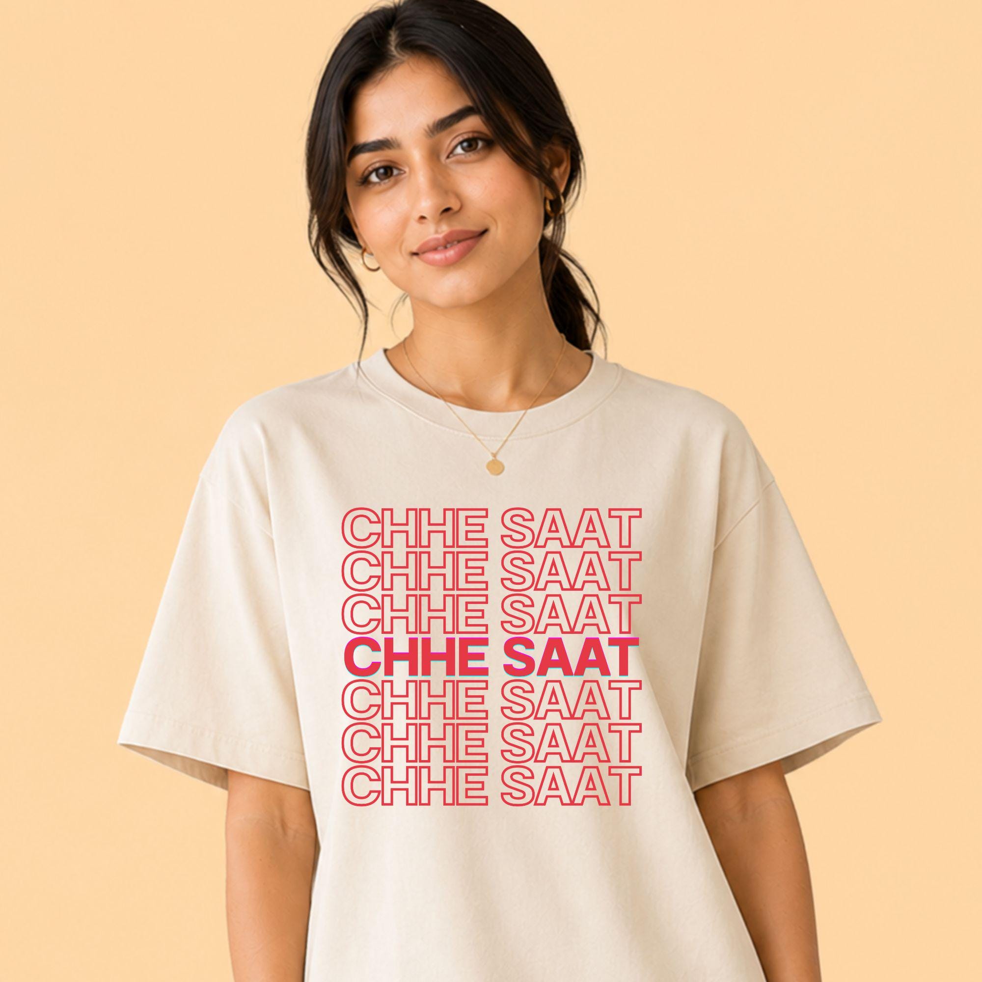 Close-up of bold block typography on 6 7 meme shirt, South Asian internet humor apparel