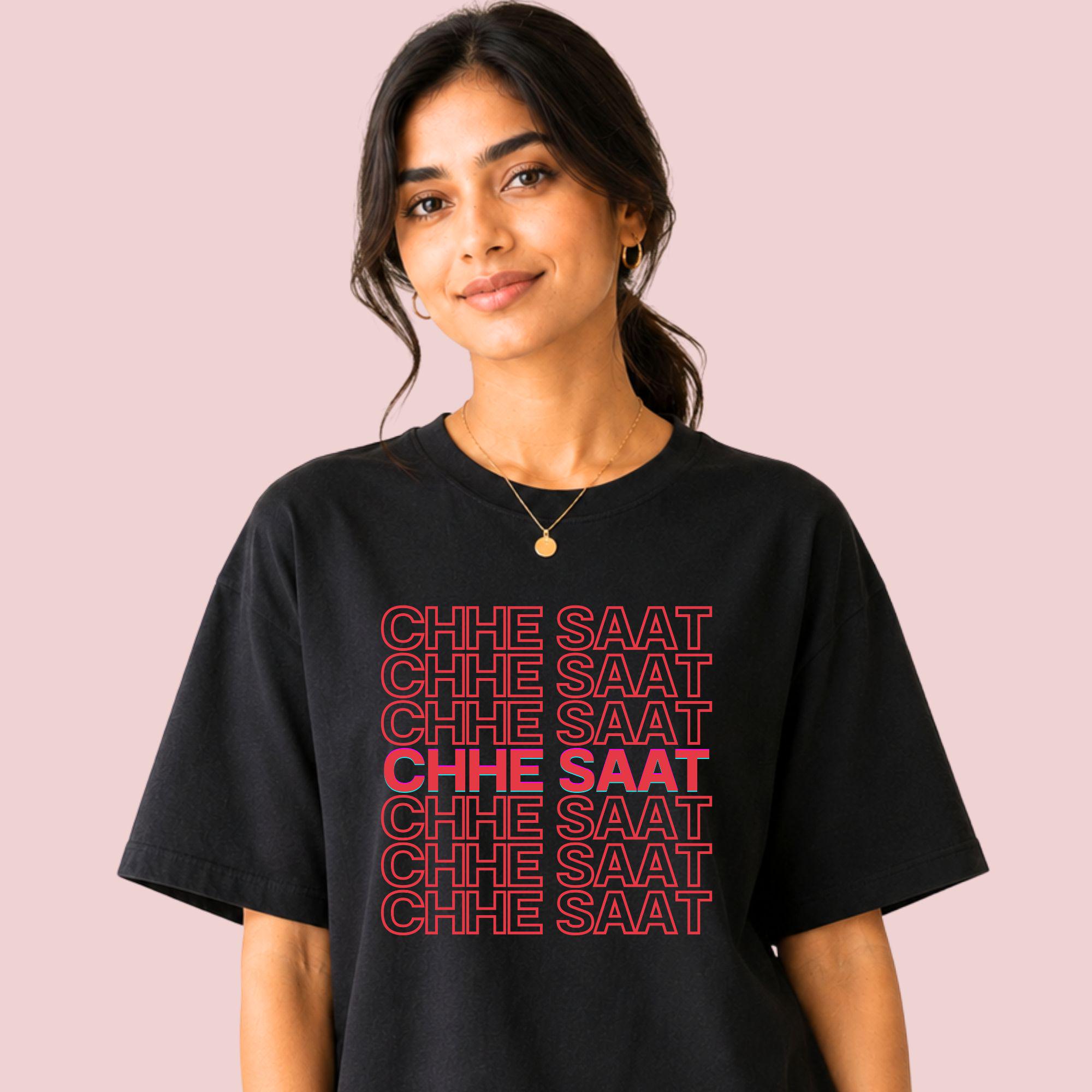 Side view of oversized 6 7 meme tee worn casually, Gen Z desi streetwear style