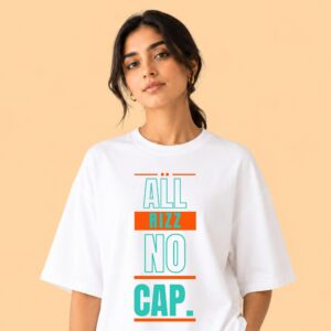 Close-up of All Rizz No Cap shirt typography design, retro aesthetic print