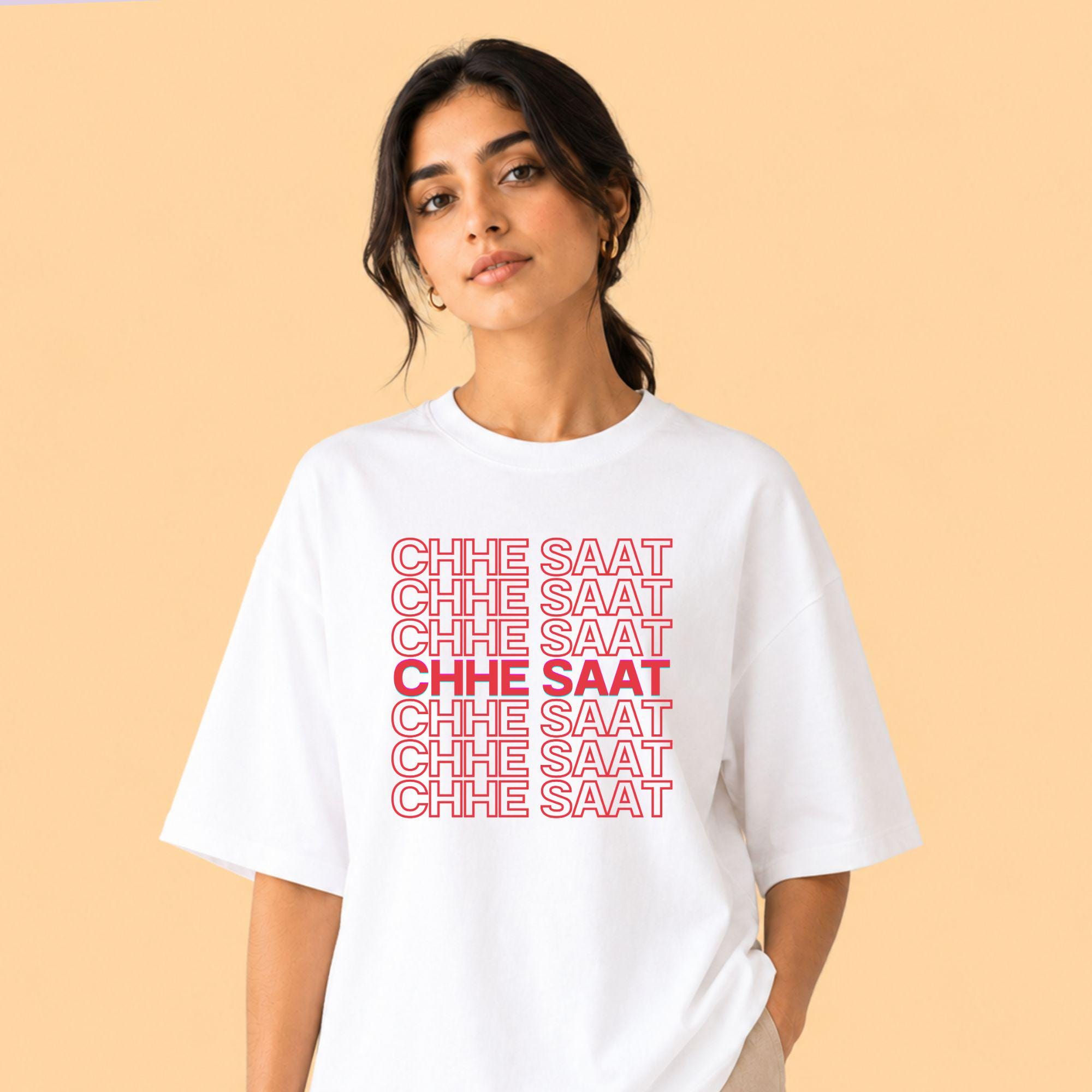 6 7 meme shirt with bold stacked Hindi Urdu typography, oversized unisex graphic tee by Artkins