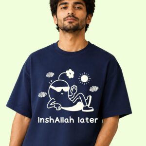 Person wearing the Inshallah Later shirt styled as casual streetwear with joggers