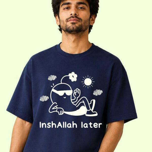 Person wearing the Inshallah Later shirt styled as casual streetwear with joggers